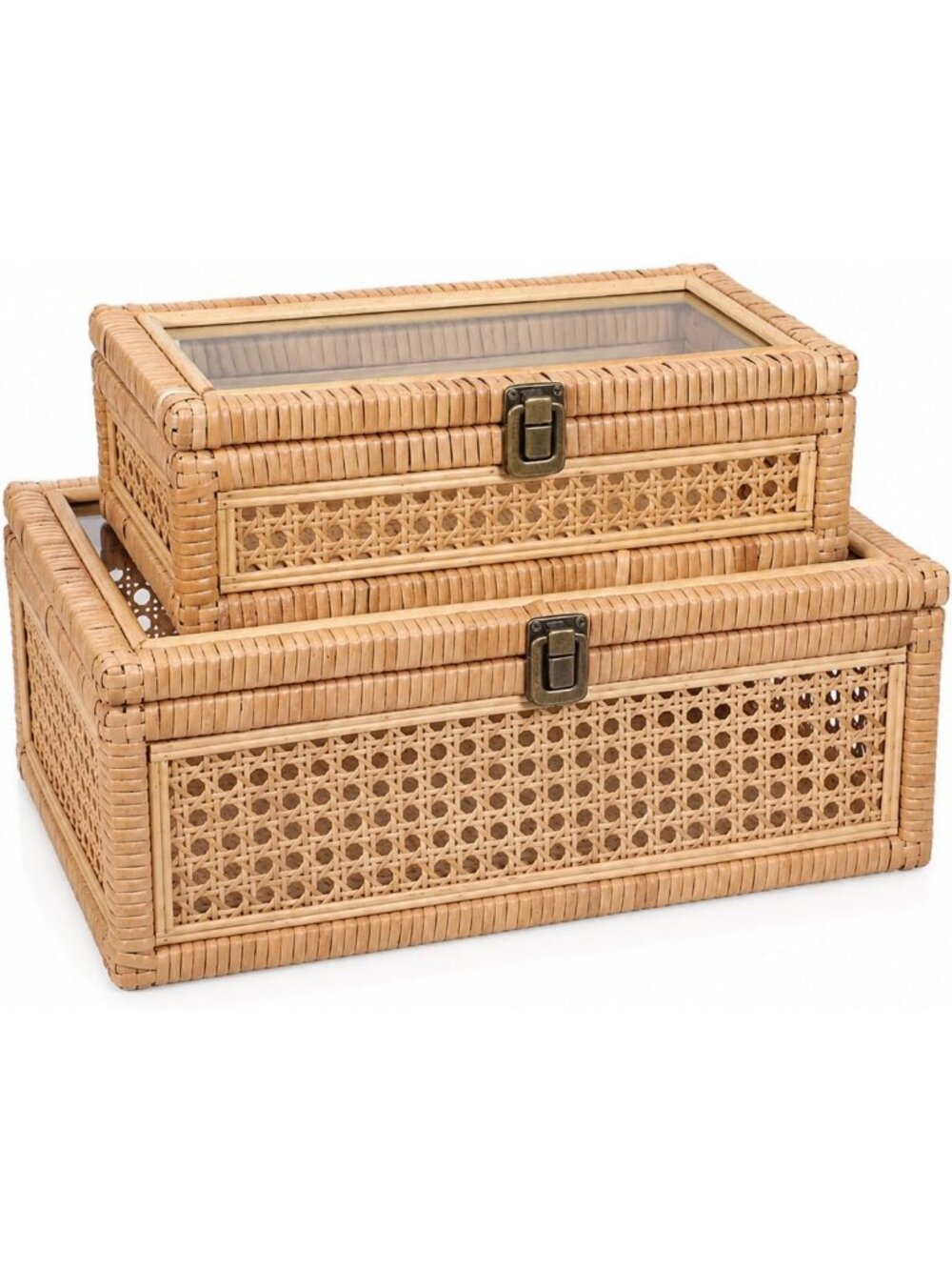 Large Woven Rattan Decorative Box Set with Lid - Rectangular Glass Display